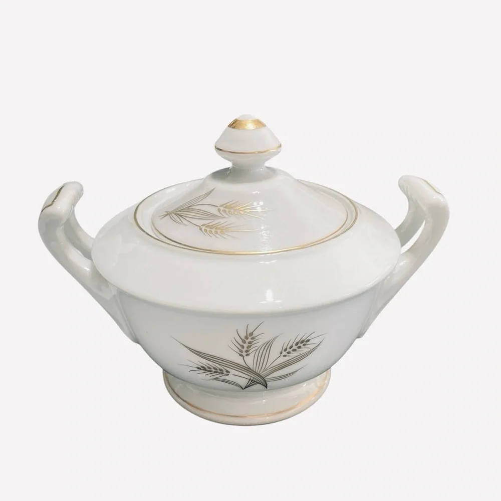 VTG Hakusan China Japan Tea Set Teapot 6 Snack Plates Gold Wheat Bone China 9675